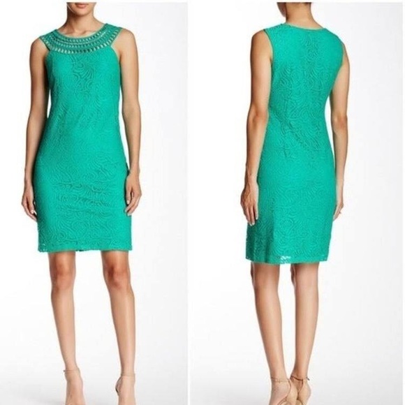 Eliza J High Neck Teal Lace Sleeveless Sheath Dress - Size 2 - Picture 1 of 13